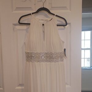 R&M Richards Cream Kids Dress with Silver Sequin Belt
